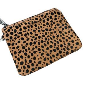 Aimee Kestenberg Calf Hair Leather Leopard Print Wristlet Clutch Zips Tan Black